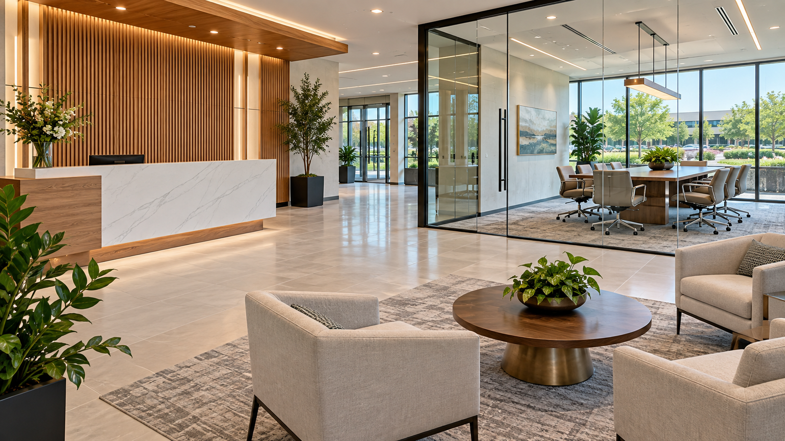 Illustration of a clean office reception and meeting room