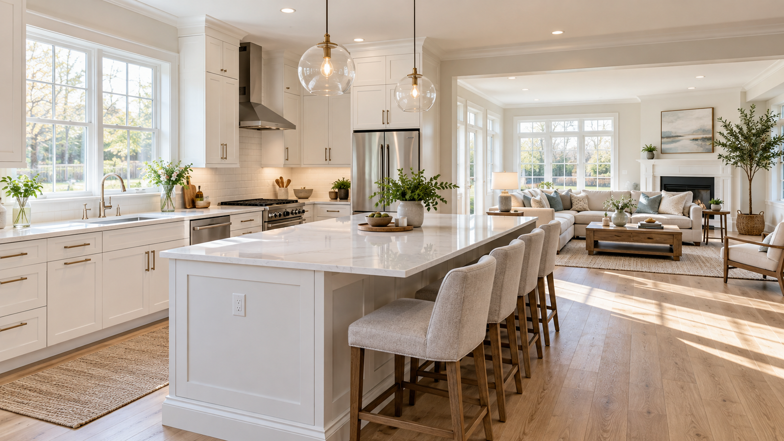 Illustration of a bright, clean home kitchen and living area