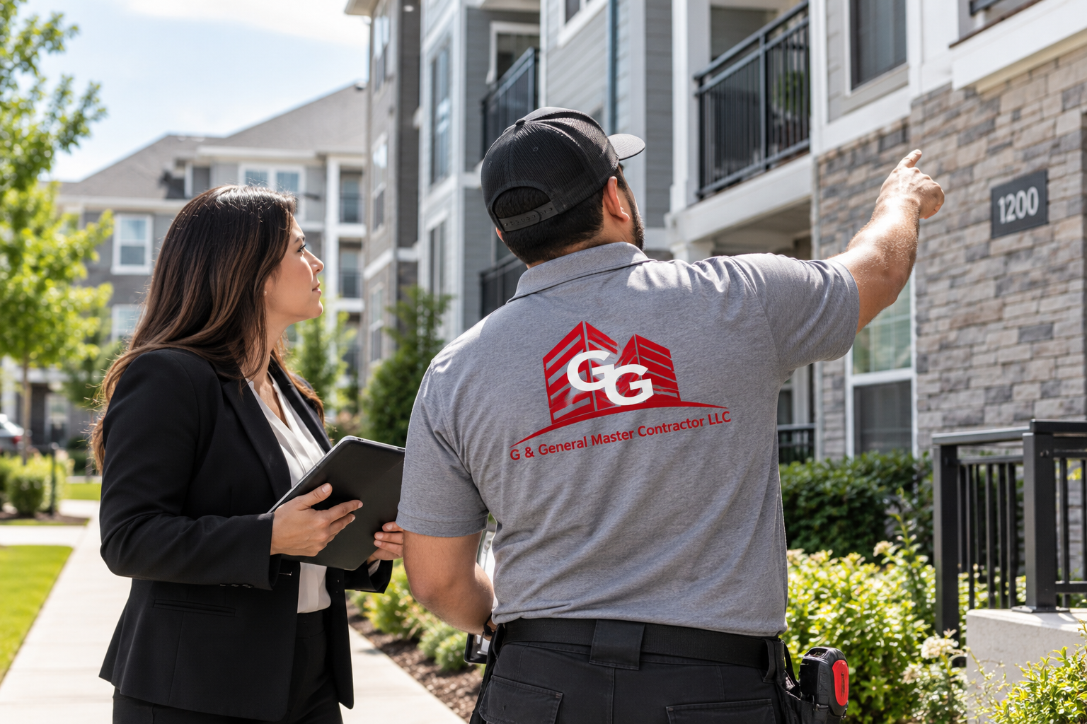 Property manager and G&G crew member reviewing a property